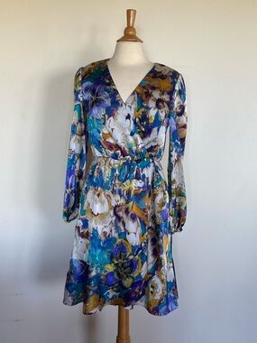Nicole Miller Floral Wrap Dress in Blue & Gold Small